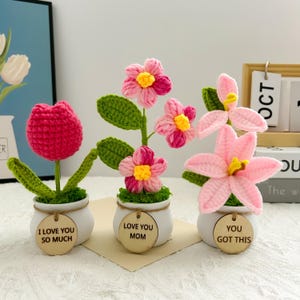 Crochet Flower in Pot with Custom Tags – Personalized Gift for Mom –  Crochet Sunflower/Tulip/Rose – Birthday or Mother’s Day Gift from Kids