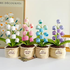 以下が含まれることがあります： 編みかぎ針編みのスズランの植物が織りバスケットに入っています。各植物は、白、ピンク、青、紫のベル型の花を特徴としています。バスケットには、「Heart of the Family」や「Love You Mom」などのフレーズが書かれた木製のタグが付いています。