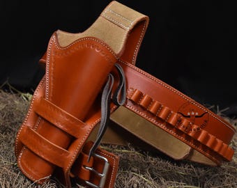 Handmade Leather Cowboy Holster Belt, .22 .357 .44 .45 Caliber