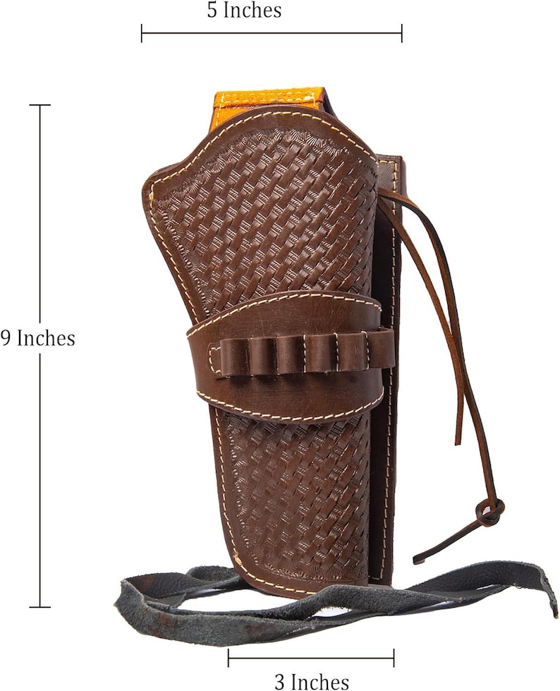 May include: A brown leather holster with a woven pattern, measuring 9 inches tall, 5 inches wide, and 3 inches deep. It features a strap for securing and a band with bullet loops. The holster has a yellow accent.