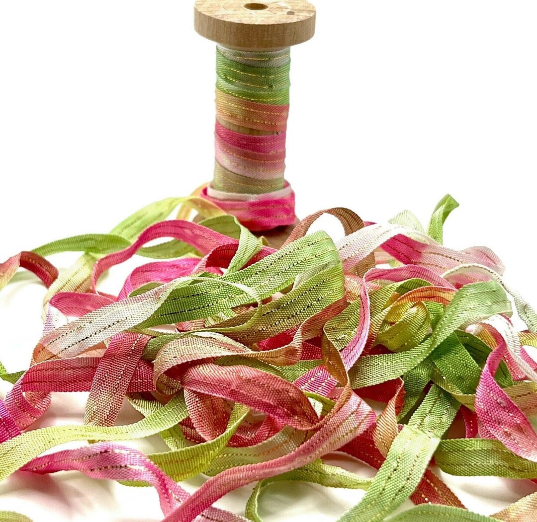 Pink and Green, 1/4, Rayon, Ribbon With Gold Threads Sparkle Ribbon ...