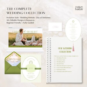 May include: A digital wedding stationery collection featuring a laptop displaying a couple, a spiral-bound guide, a green envelope with a swan photo liner, a menu card, and a place card. Text includes The Complete Wedding Collection and Maison Kukan.