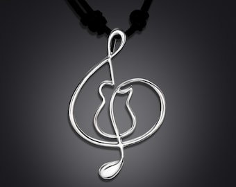 2-inch silver guitar pendant on adjustable black leather cord - guitarclef®