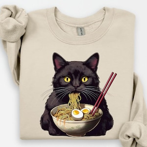 Noodle Cat Shirt, Ramen Cat T-Shirt, Foodie Lover Shirts, Black Cat Noodle T-Shirts, Retro Cat Tees, Cat Lover Sweatshirts, Black Cat Tee