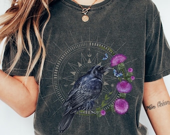 Celestial Raven and Thistles Shirt, Moon Phase Bird Lover Gift