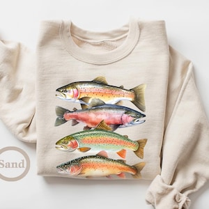 Abstract Colorful Trout In A Row Sweatshirt, River Fish Trout Species Outfit, Fly Fishing Gift, Boho Unisex Crewneck Sweatshirt