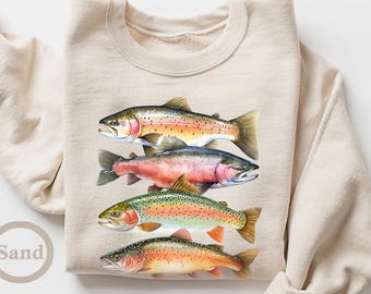 Abstract Colorful Trout In A Row Sweatshirt, River Fish Trout Species Outfit, Fly Fishing Gift, Boho Unisex Crewneck Sweatshirt