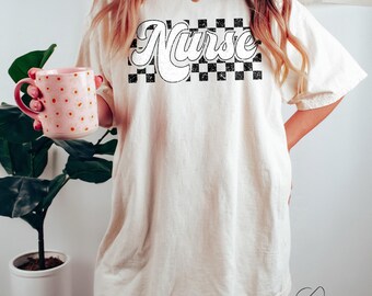 Checkered Nurse Comfort Colors Tee, Retro RN Shirt