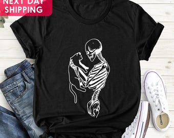 Skeleton and Cat Halloween Shirt, Cat Lover Gift