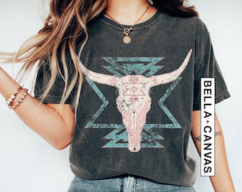 Boho Cow Skull Graphic Tee, Western Style Bull Skull T-Shirt