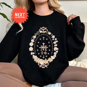 Marian Catholic Sweatshirt, Virgin Mary Shirt, Catholic Gifts for Women, Marian Cross T-Shirt, Floral Women Religious Shirts, Holiday Gifts