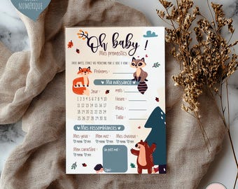 Carte bébé pronostics - Jeu Baby Shower Forest | Thème Garçon | Carte de Prédictions pour Futur Bébé