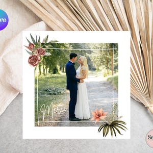 Carte de Remerciements Mariage Modifiable sur Canva - Avec Photo et Fleurs