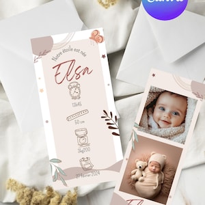 Faire-part de naissance – Thème bohème, modèle Canva personnalisable