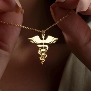 14k Gold Winged Veterinarian Symbol Necklace, Vet Gift, Veterinary Caduceus Gift, Veterinarian Pendant, Animal Charm Jewelery, XMAS Gift