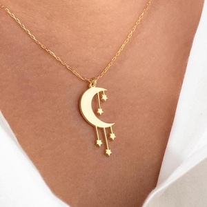 14k Gold Moon and Stars Necklace, Crescent Moon Necklace with Star, Moon and Stars Pendant, Christmas Gifts, Dainty Necklace For Women