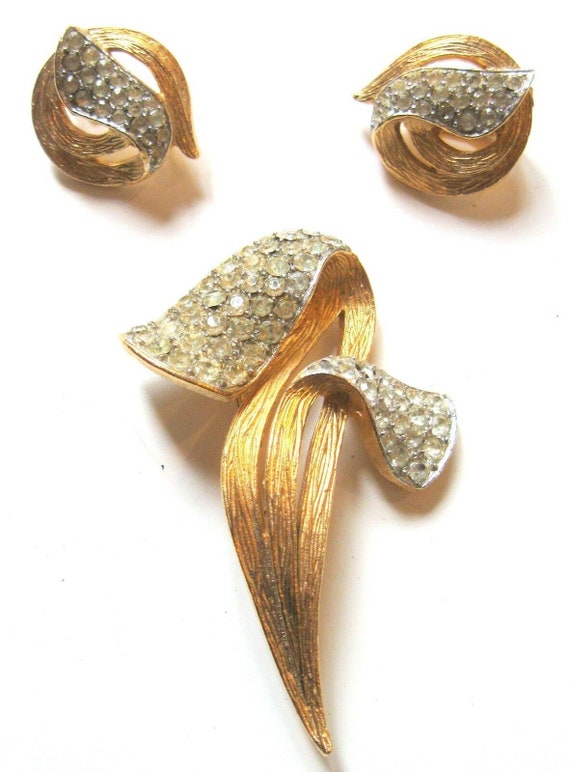 Vintage Pave Rhinestone Lily Brooch & Clip Earring