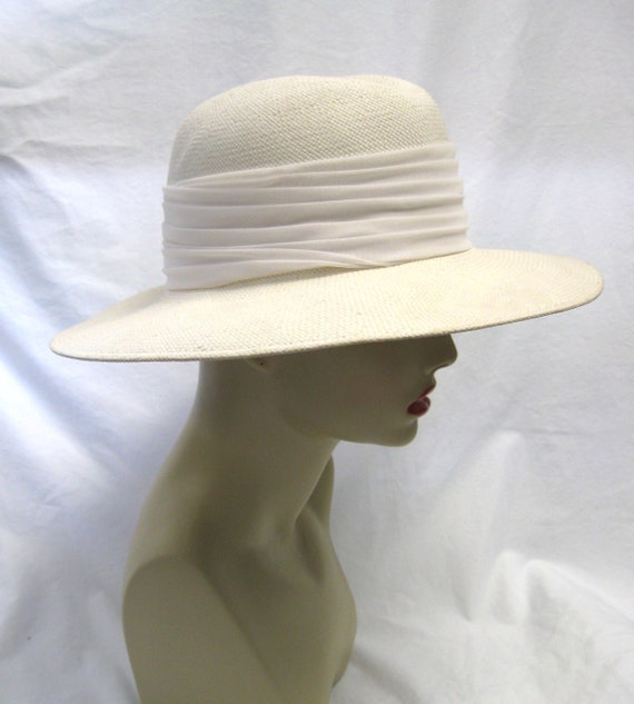 Vintage FEDORIA Cream Straw Hat with Cream Chiffo… - image 2