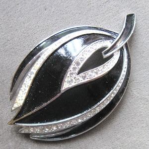 Vintage TRIFARI 1960's Black Enamel & Rhinestone Brooch