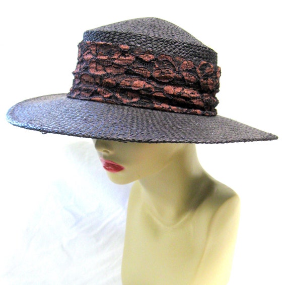 Vintage LIZ CLAIBORNE Black Straw Big Brim Hat wi… - image 2