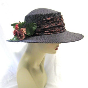 Vintage LIZ CLAIBORNE Black Straw Big Brim Hat with Floral Decoration