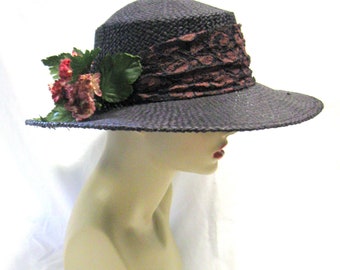 Vintage LIZ CLAIBORNE Black Straw Big Brim Hat With Floral  display picture 3