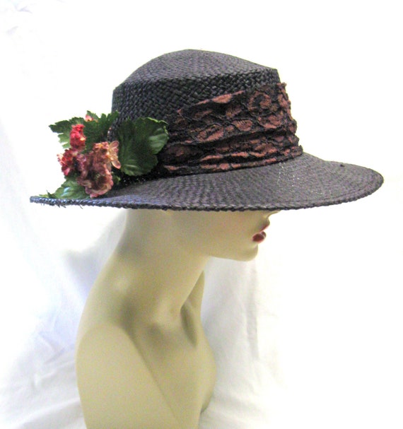 Vintage Wide Brim Hat Lace Cut Out Wide Brim Fascinator Hat - Black Pink White - Masquerade Store main image 4