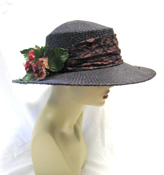 Vintage LIZ CLAIBORNE Black Straw Big Brim Hat wi… - image 1