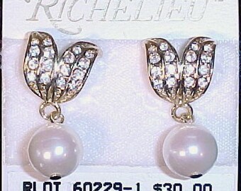 Vintage RICHELIEU Pierced Pave Leaf and Faux Pearl Dangling Earrings