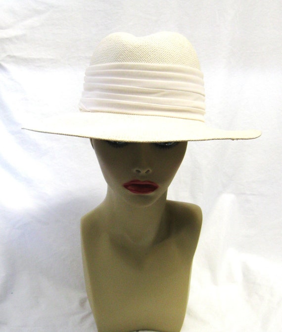 Vintage FEDORIA Cream Straw Hat with Cream Chiffo… - image 1