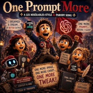 May include: A digital illustration for "One Prompt More," a parody song. The image features animated characters holding signs with text like "One More Tweak!" and "Caffeine Fuels Revolution." The title is displayed in a stylized font.