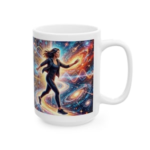 May include: White ceramic mug featuring a vibrant illustration of a person running through a cosmic scene with galaxies, nebulae, and energy waves. The artwork is detailed with bright colors and a dynamic composition.