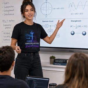 May include: A woman in a black t-shirt with the text "OBSERVATION EVERYTHING" is presenting in front of a whiteboard with quantum computing diagrams. She is wearing dark jeans. The whiteboard has diagrams and text about quantum computing.