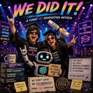 May include: A colorful digital art piece celebrating graduation. The image features two graduates, a robot, and various text elements including "WE DID IT!" and "CLASS OF 2024." The overall theme is a humorous take on AI and education.