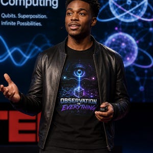 May include: A black t-shirt with the text "OBSERVATION IS EVERYTHING" in purple and white, featuring an eye and geometric design. The person is wearing a black leather jacket and black pants.