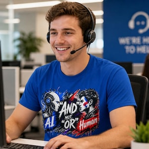 Op de afbeelding: Een blauw t-shirt met een grafisch ontwerp met een robot en een menselijk gezicht, met de woorden "AI" en "Human" en de zin "AND NOT OR". De persoon draagt een headset en werkt op een computer.