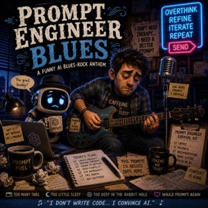 以下が含まれることがあります： 「Prompt Engineer Blues」と題されたイラストは、青いギターを弾く男性、ロボット、AIとプロンプトエンジニアリングに関連するさまざまなアイテムを描いています。画像には、「Caffeine > Sleep」、「Today's Plan」、「Context is King」などのテキストが含まれています。