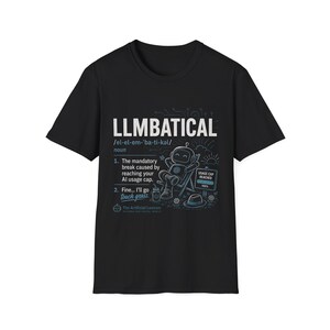 May include: A black short-sleeved t-shirt featuring a white and blue graphic print. The design displays the word LLMBATICAL, a phonetic pronunciation, and a definition about AI usage caps, alongside an illustration of a robot relaxing in a chair.