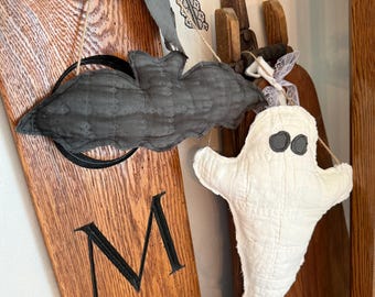 Handmade Quilt Ghost or Bat Ornament, Rustic Vintage Halloween Decor