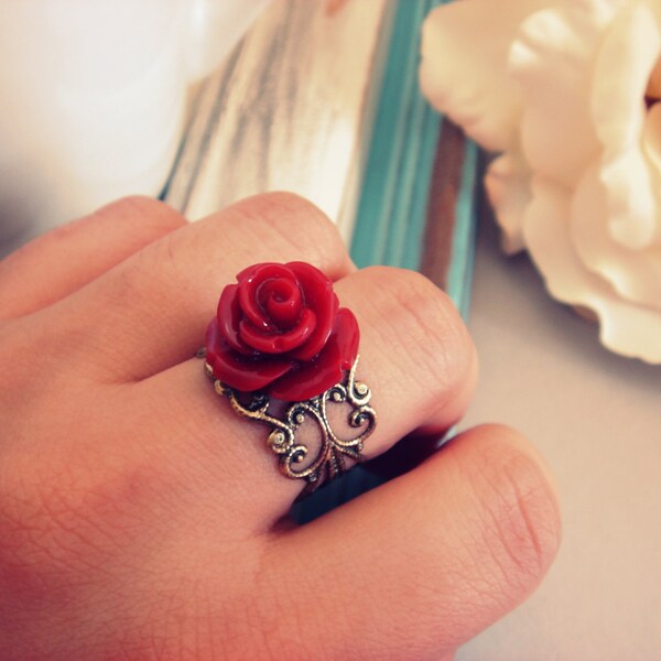 Antiqued Brass Adjustable Rose Ring - Vintage Inspired Keepsake Jewelry - Red Rose - Bridesmaid Jewelry, Weddings