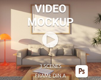 May include: A video mockup with a play button in the center of the image. The mockup is in a living room setting with a couch, a lamp, and a plant. The text "VIDEO MOCKUP" is at the top of the image. The text "3 SCENES" and "FRAME DIN A" are at the bottom of the image. The text "Ps" is in the bottom right corner of the image.