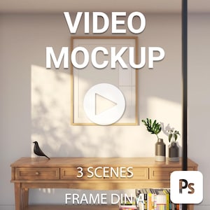 May include: A video mockup with a wooden frame on a white wall, a wooden console table with three drawers, a black bird figurine, and two potted plants. The text "VIDEO MOCKUP" is above the frame and "3 SCENES FRAME DINING" is below the table. The text "Ps" is in the lower right corner.