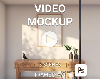 May include: A video mockup with a wooden frame on a white wall, a wooden console table with three drawers, a black bird figurine, and two potted plants. The text "VIDEO MOCKUP" is above the frame and "3 SCENES FRAME DINING" is below the table. The text "Ps" is in the lower right corner.