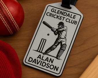Personalised Cricket Club Bag Tag – Engraved Sports Luggage Tag with Leather Strap | Cricket Gift for Players & Members | Custom Name