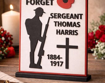 Targa commemorativa personalizzata / Cartello commemorativo personalizzato / Omaggio "Lest We Forget" / Regalo ricordo militare / Esposizione d'onore per veterani di guerra