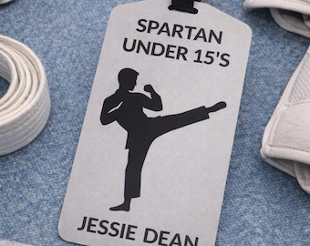 Personalised martial arts style club Bag Tag – Custom Team Name & Player – Add Team Logo – Engraved - Two-Tone Acrylic Kit