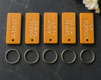 Personalised Engraved Wooden Keyring Set – Rustic Custom Key Tags for Home, Business, Shed or Workshop, Unique Gift for Him or Her