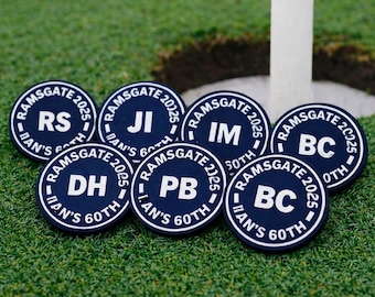 Marcatore per palline da golf personalizzato blu e bianco - Regalo inciso per golfisti, associazioni, giornate fuori casa, addii al celibato o tornei, testo e nome personalizzati