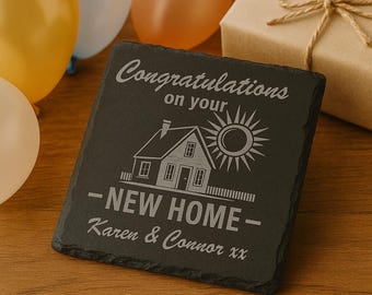 Sottobicchiere in ardesia personalizzato per la nuova casa - Regalo di inaugurazione della casa inciso / Congratulazioni personalizzate / Regalo di prima casa inciso per coppia o famiglia