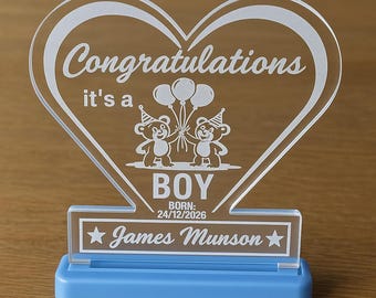 Congratulazioni personalizzate per neonato, regalo ricordo in acrilico / targa personalizzata con nome di nascita / centrotavola per battesimo / decorazione per la cameretta dei bambini